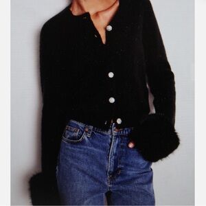 Boden wool/mohair Black Cardigan with Crystal Button and removal faux fur cuffs